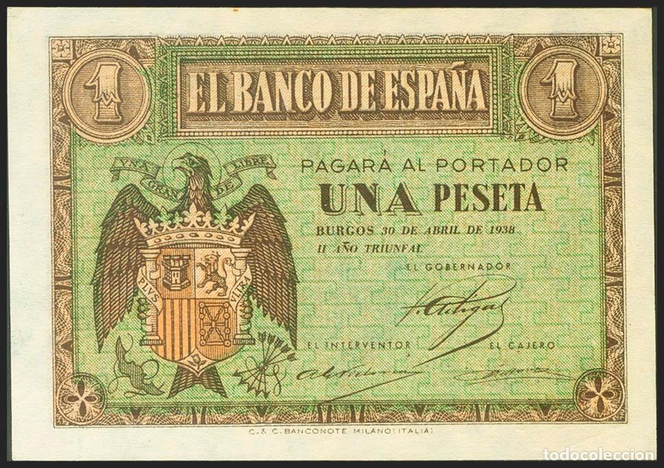 Billetes espa&ntilde;oles: 1 Peseta. 30 de Abril de 1938. Serie M. (Edifil 2021: 428a). Apresto original. SC.. 1 Peseta. 30 de
