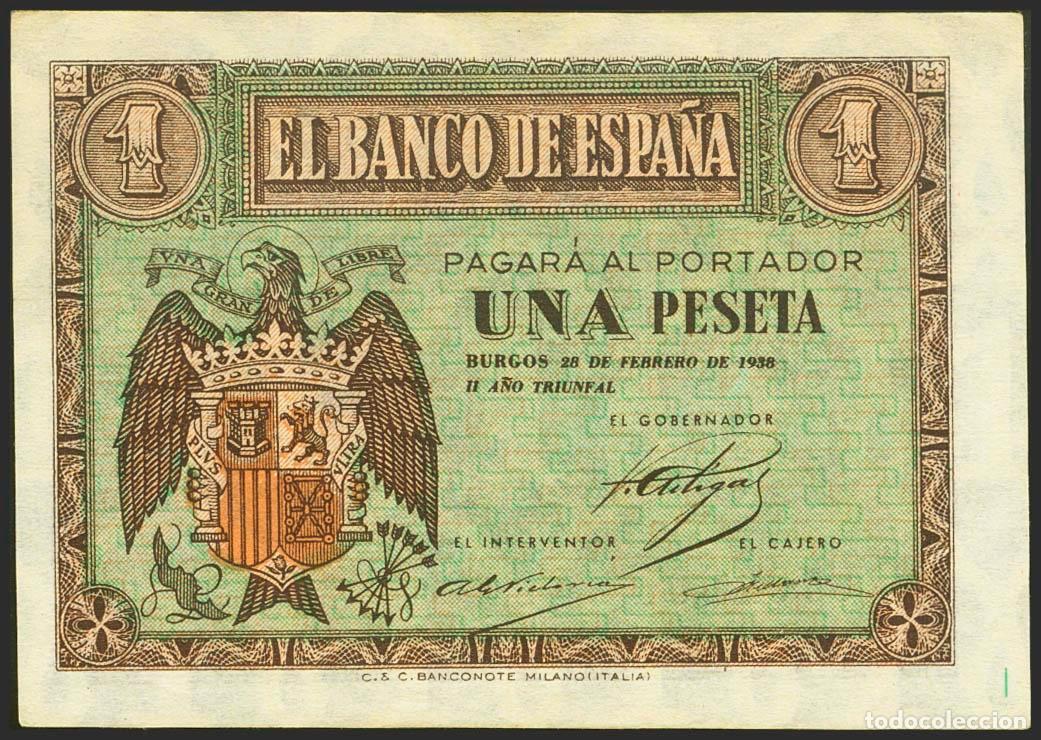 Billetes espa&ntilde;oles: 1 Peseta. 28 de Febrero de 1938. Serie D. (Edifil 2021: 427a). Apresto original. SC.. 1 Peseta. 28 d