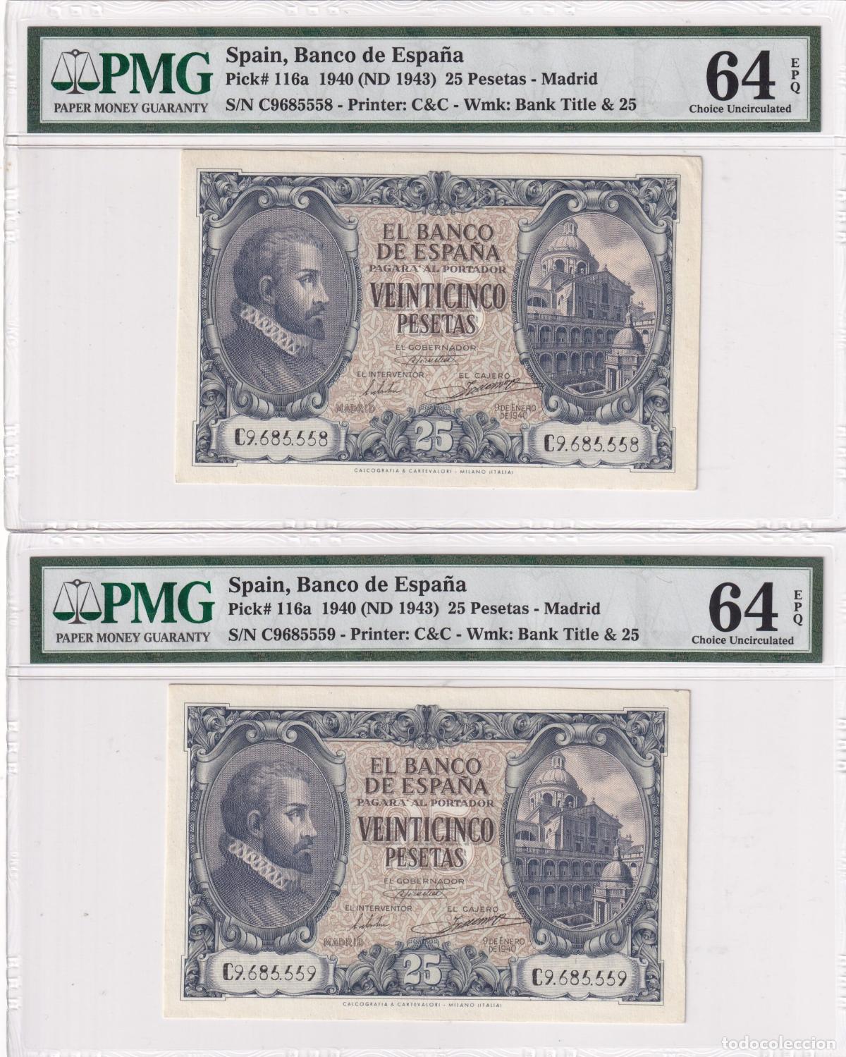 Billetes espa&ntilde;oles: CRPMG058 PAREJA CORRELATIVA BILLETES ESPA&Ntilde;A 25 PESETA 1940 SERIE C ENCAPSULADO PMG 64