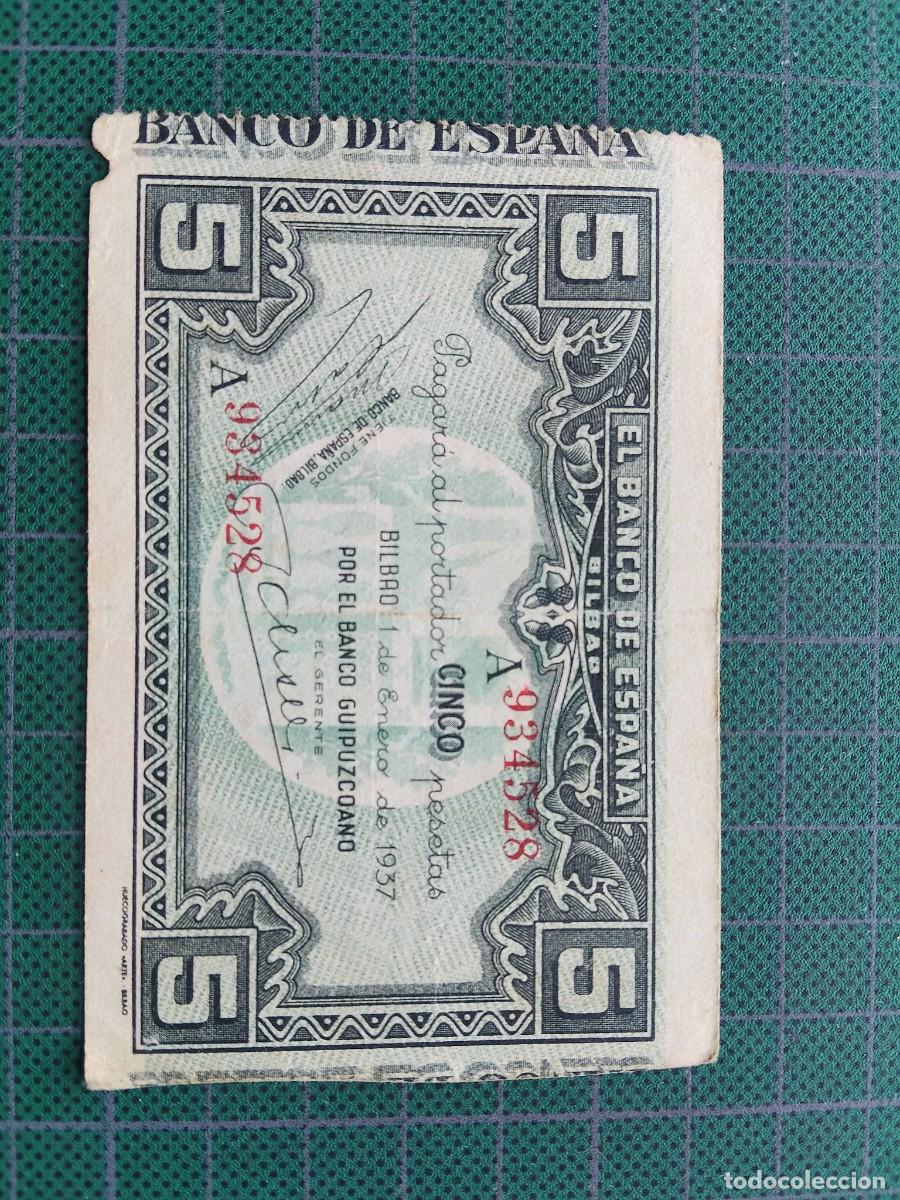 Billetes espa&ntilde;oles: BILLETE: 5 PESETAS 1937 BANCO ESPA&Ntilde;A BILBAO - BANCO GUIPUZCOANO / SERIE A