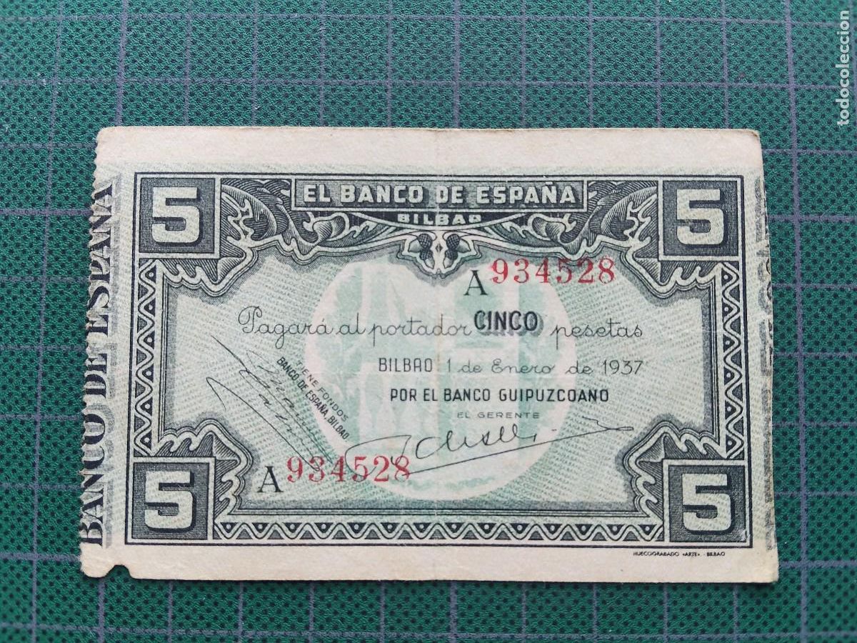 Billetes espa&ntilde;oles: BILLETE: 5 PESETAS 1937 BANCO ESPA&Ntilde;A BILBAO - BANCO GUIPUZCOANO / SERIE A