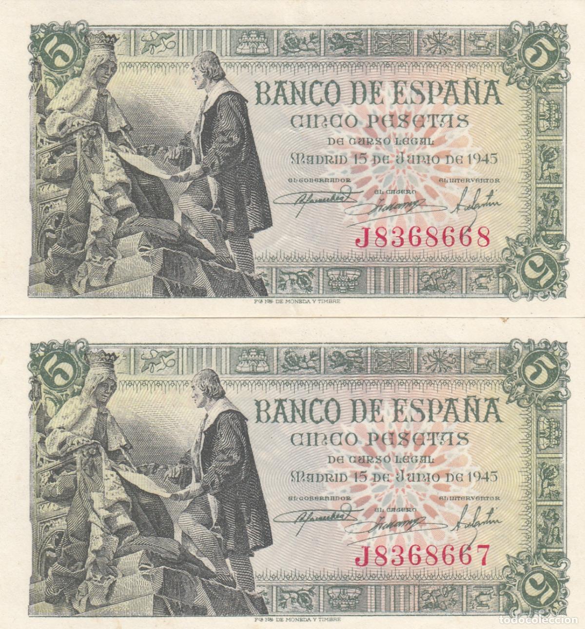 Billetes espa&ntilde;oles: CRBS0806 PAREJA CORRELATIVA BILLETES 5 PESETAS 1945 EBC-SIN CIRCULAR