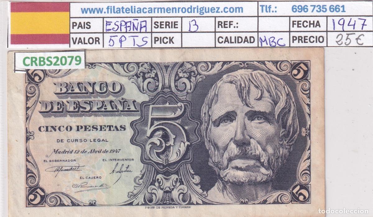 Billetes espa&ntilde;oles: CRBS2079 BILLETE ESPA&Ntilde;A 5 PESETAS 1947 SERIE B MBC