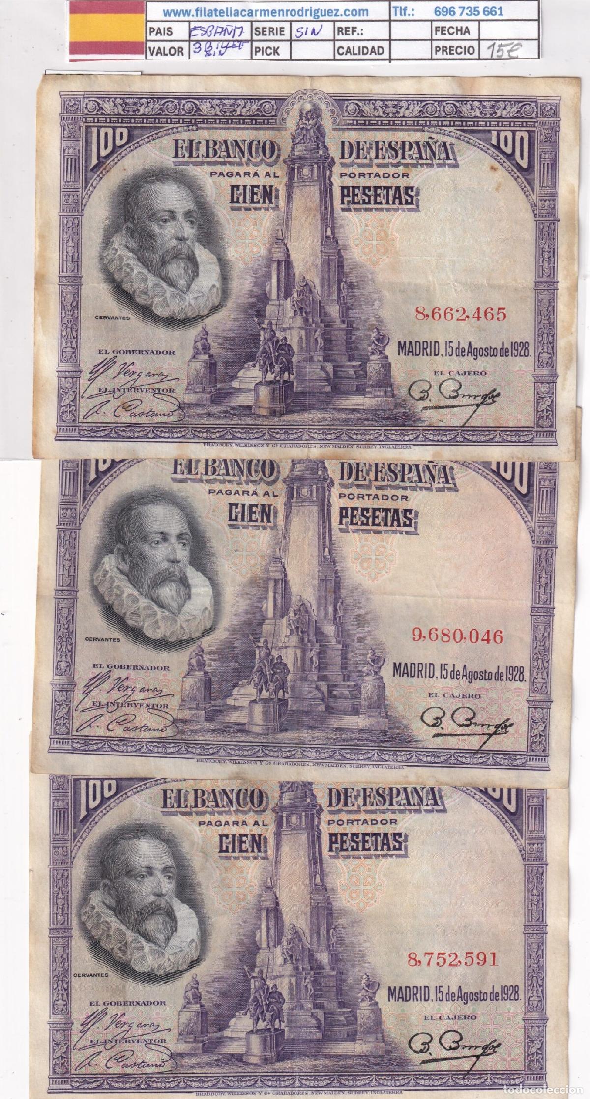 Billetes espa&ntilde;oles: CRBS3345 LOTE 3 BILLETES ESPA&Ntilde;A 100 PESETAS 1928 SIN SERIE BC