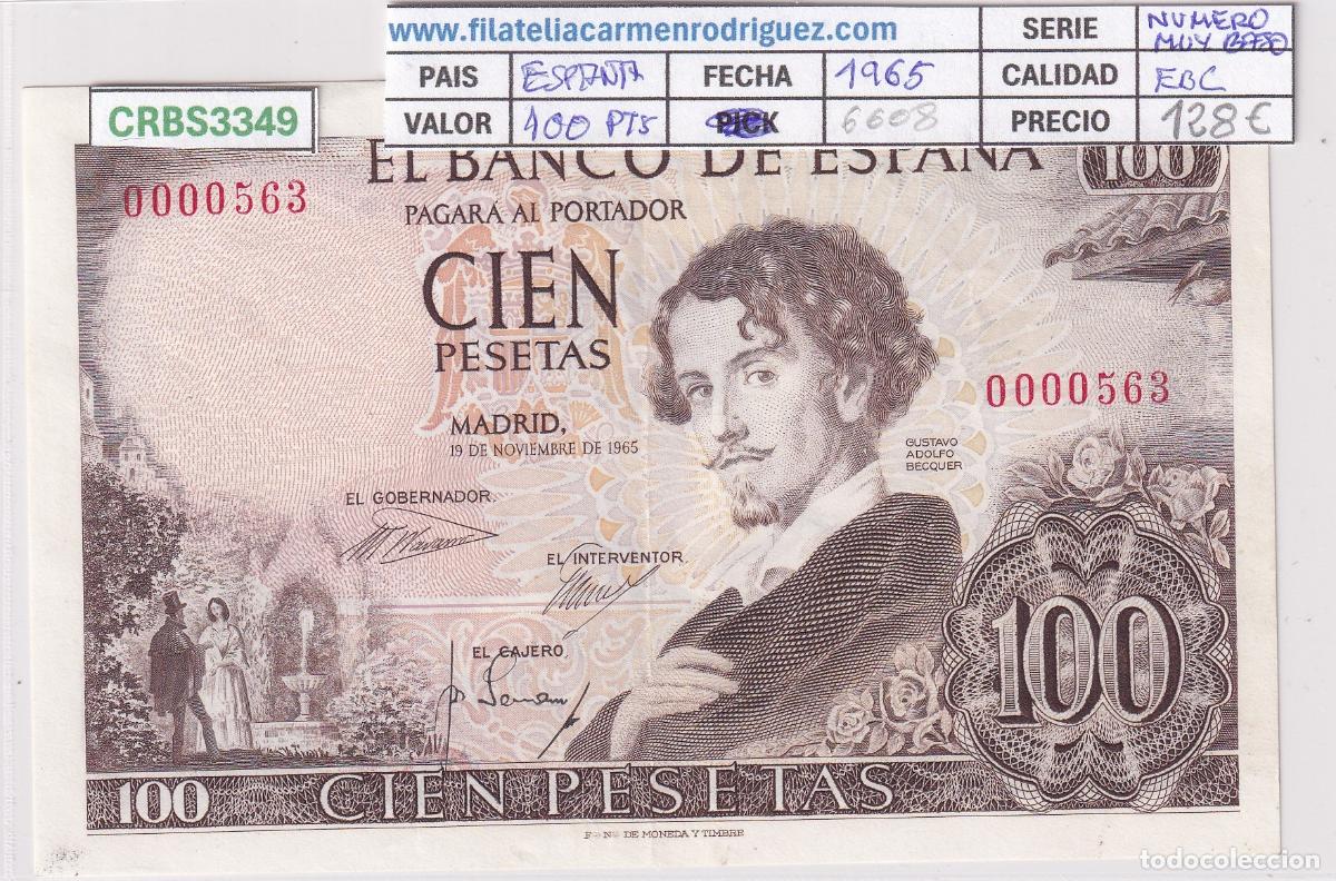 Billetes espa&ntilde;oles: CRBS3349 BILLETE ESPA&Ntilde;A 100 PESETAS 1965 SIN SERIE EBC NUMERO MUY BAJO