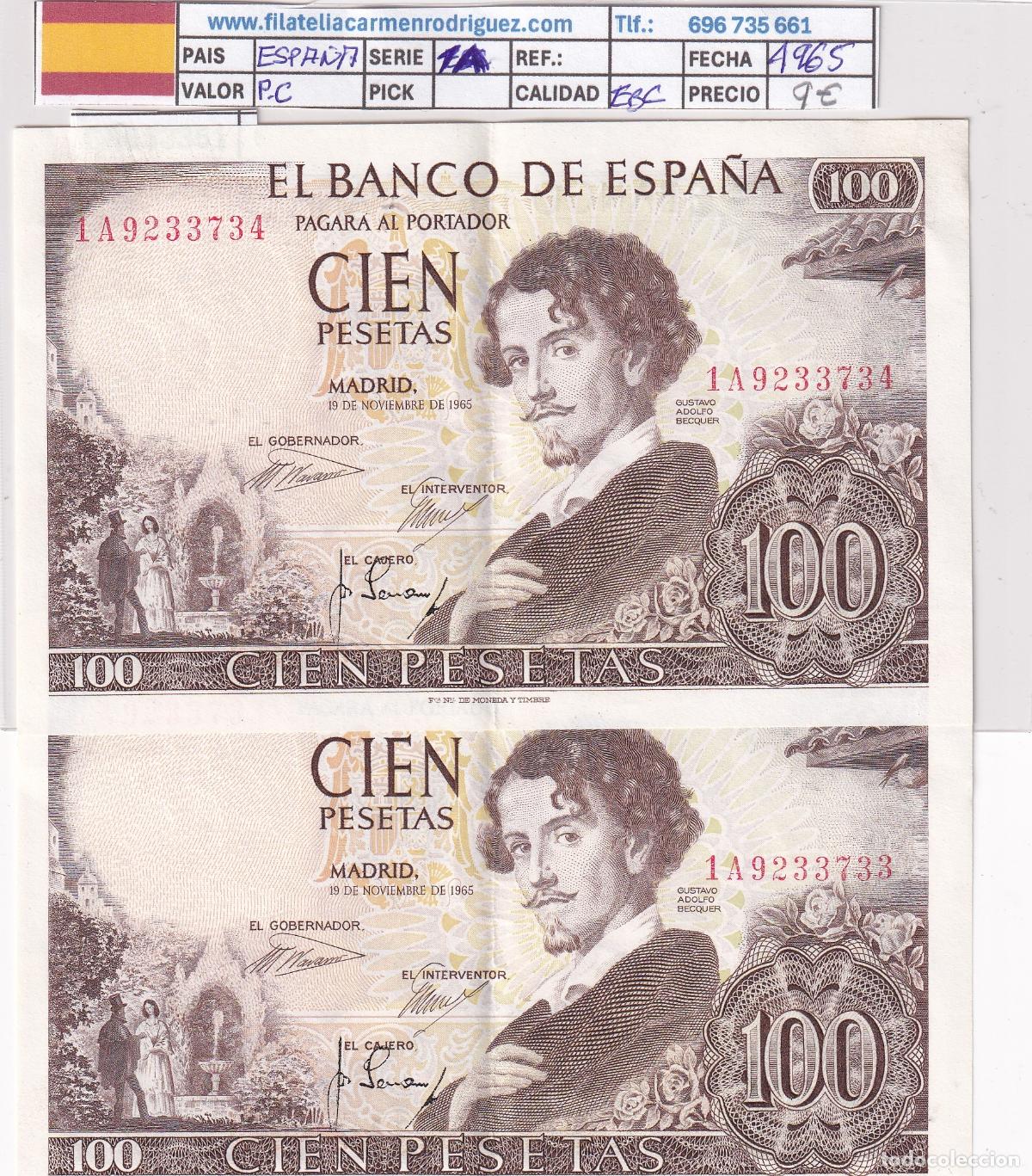 Billetes espa&ntilde;oles: CRBS3351 PAREJA CORRELATIVA BILLETE ESPA&Ntilde;A 100 PESETAS 1965 SERIE 1A EBC