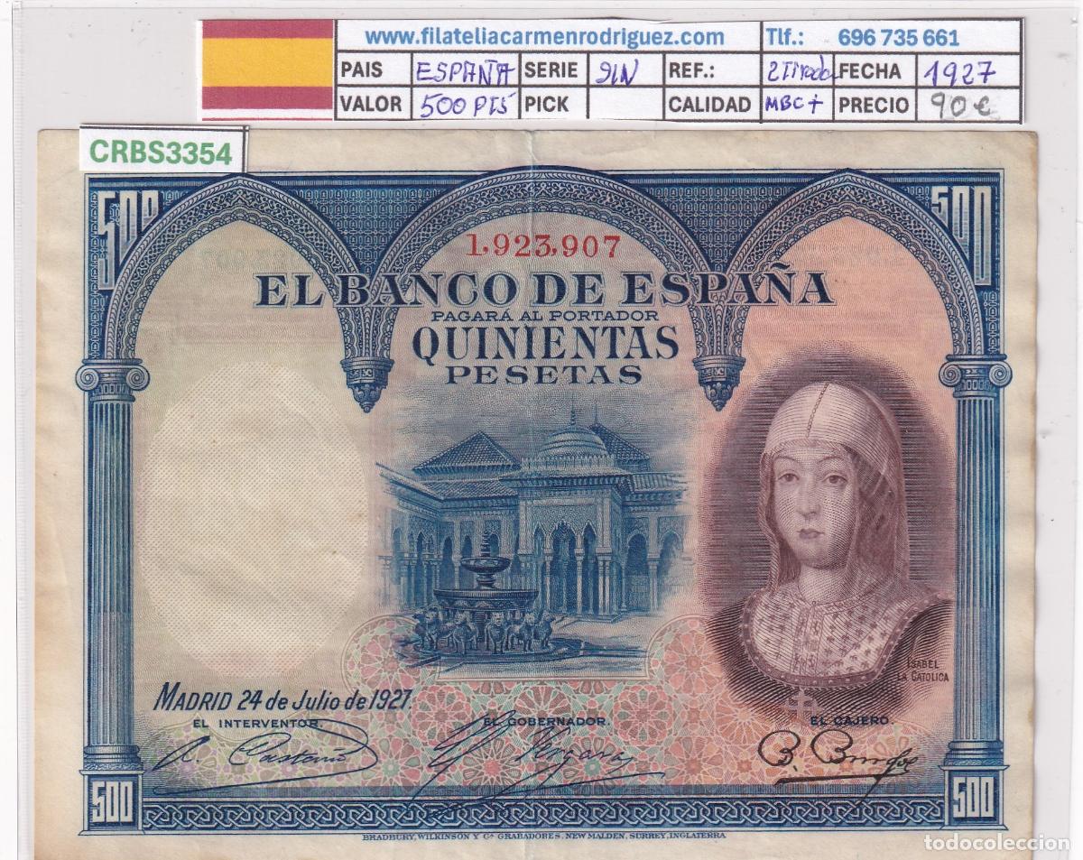 Billetes espa&ntilde;oles: CRBS3354 BILLETE ESPA&Ntilde;A 500 PESETAS 1927 MBC+ SIN SERIE