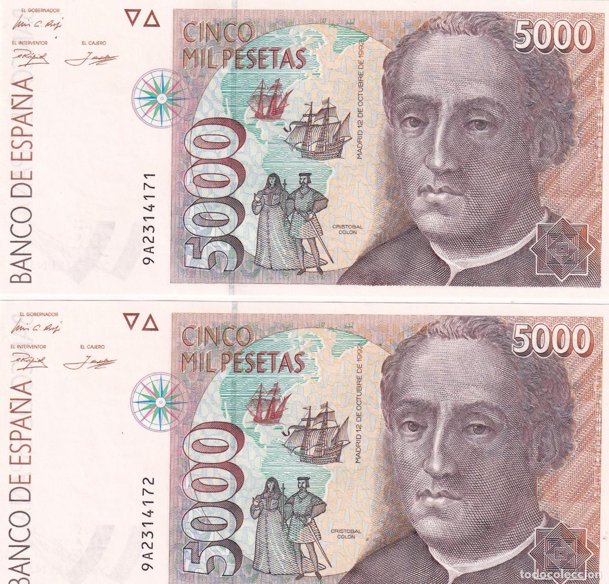 Billetes espa&ntilde;oles: CRBS3361 PAREJA CORRELATIVA BILLETES ESPA&Ntilde;A 5000 PESETAS 1992 SERIE ESPECIAL 9A SIN CIRCULAR