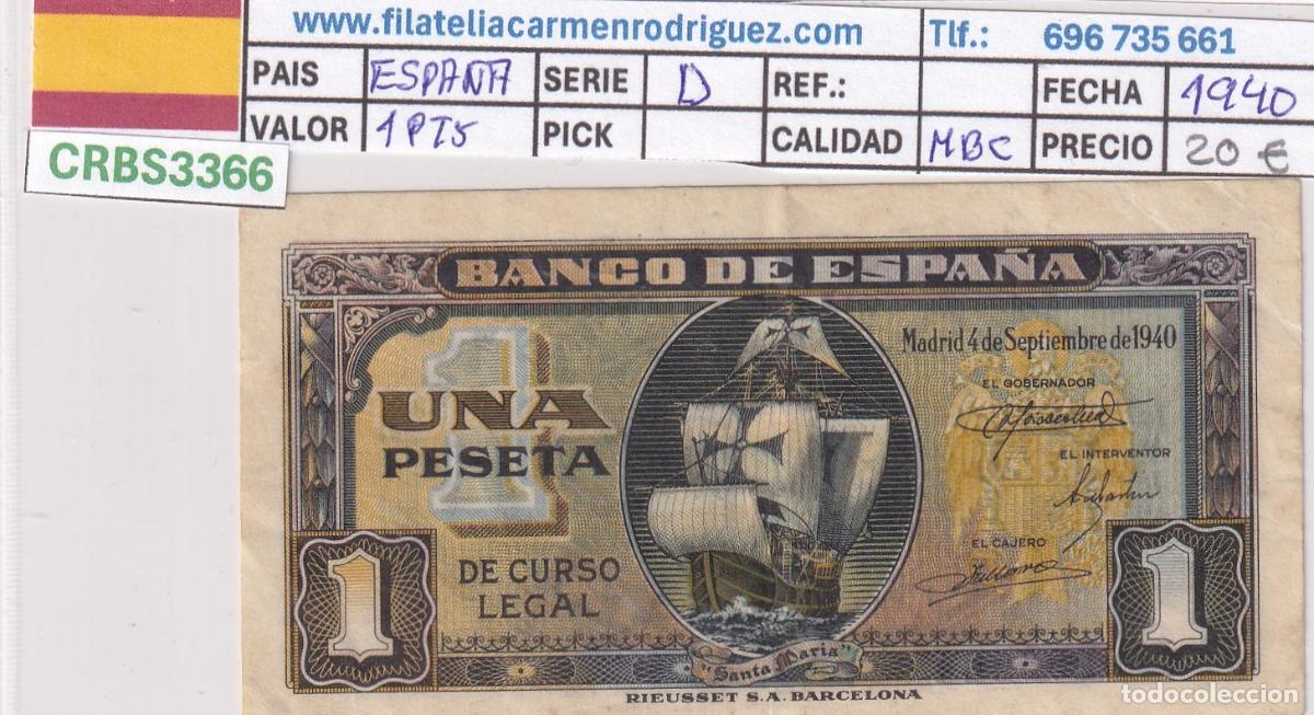 Billetes espa&ntilde;oles: CRBS3366 BILLETE ESPA&Ntilde;A 1 PESETA 1940 SERIE D MBC