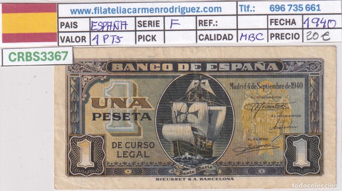 Billetes espa&ntilde;oles: CRBS3367 BILLETE ESPA&Ntilde;A 1 PESETA 1940 SERIE F MBC