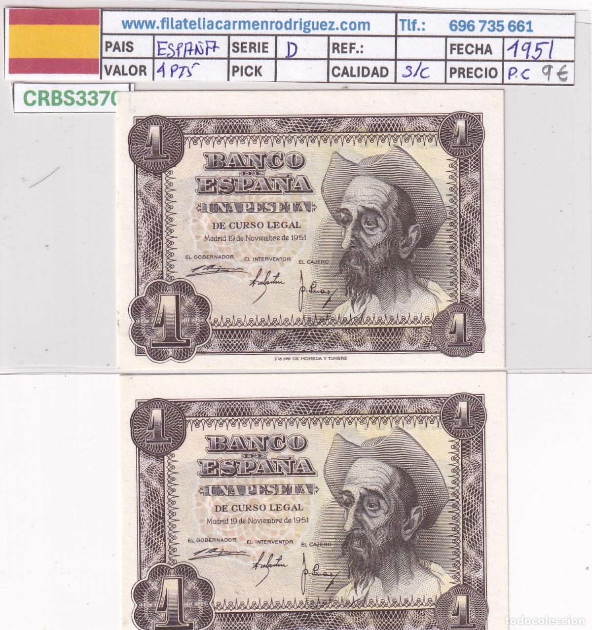 Billetes espa&ntilde;oles: CRBS3370 PAREJA CORRELATIVA BILLETES ESPA&Ntilde;A 1 PESETA 1951 SERIE D SIN CIRCULAR