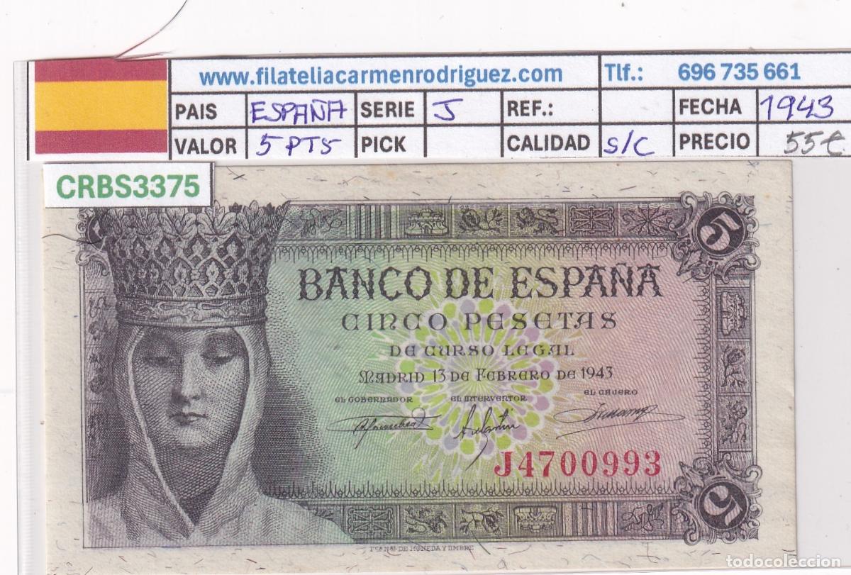 Billetes espa&ntilde;oles: CRBS3375 BILLETE ESPA&Ntilde;A 5 PESETAS 1943 SERIE J SIN CIRCULAR