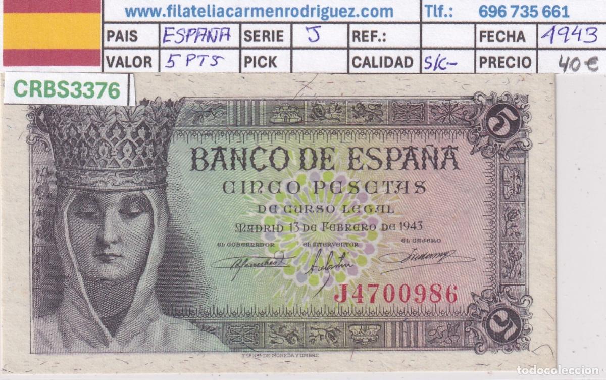 Billetes espa&ntilde;oles: CRBS3376 BILLETE ESPA&Ntilde;A 5 PESETAS 1943 SERIE J S/C-