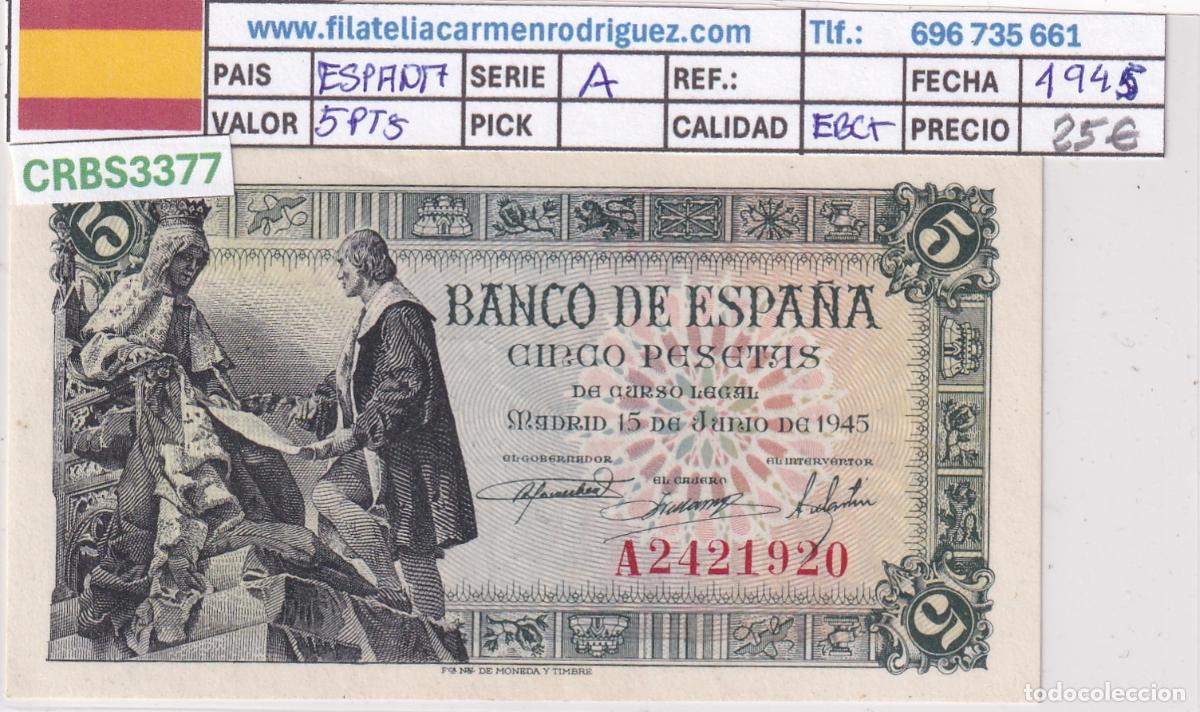 Billetes espa&ntilde;oles: CRBS3377 BILLETE ESPA&Ntilde;A 5 PESETAS 1945 SERIE A EBC+