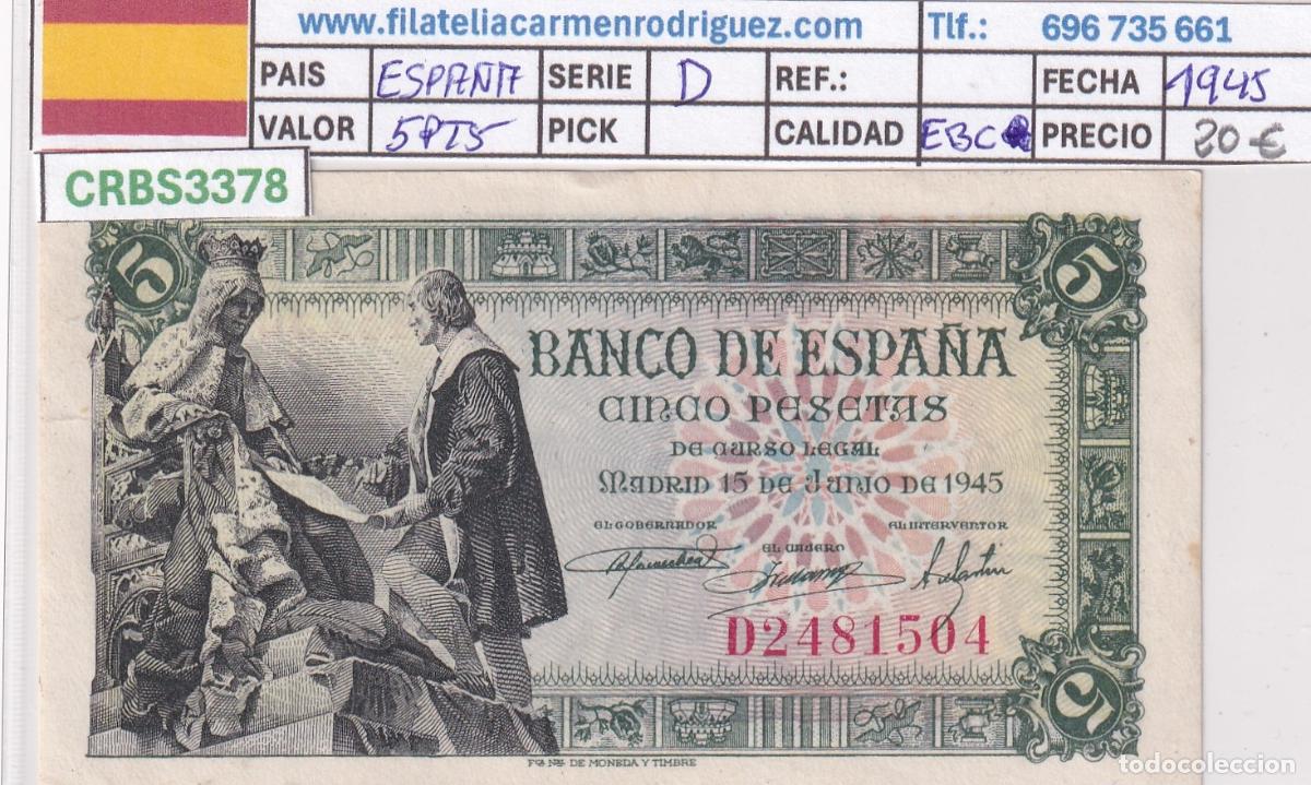 Billetes espa&ntilde;oles: CRBS3378 BILLETE ESPA&Ntilde;A 5 PESETAS 1945 SERIE D EBC