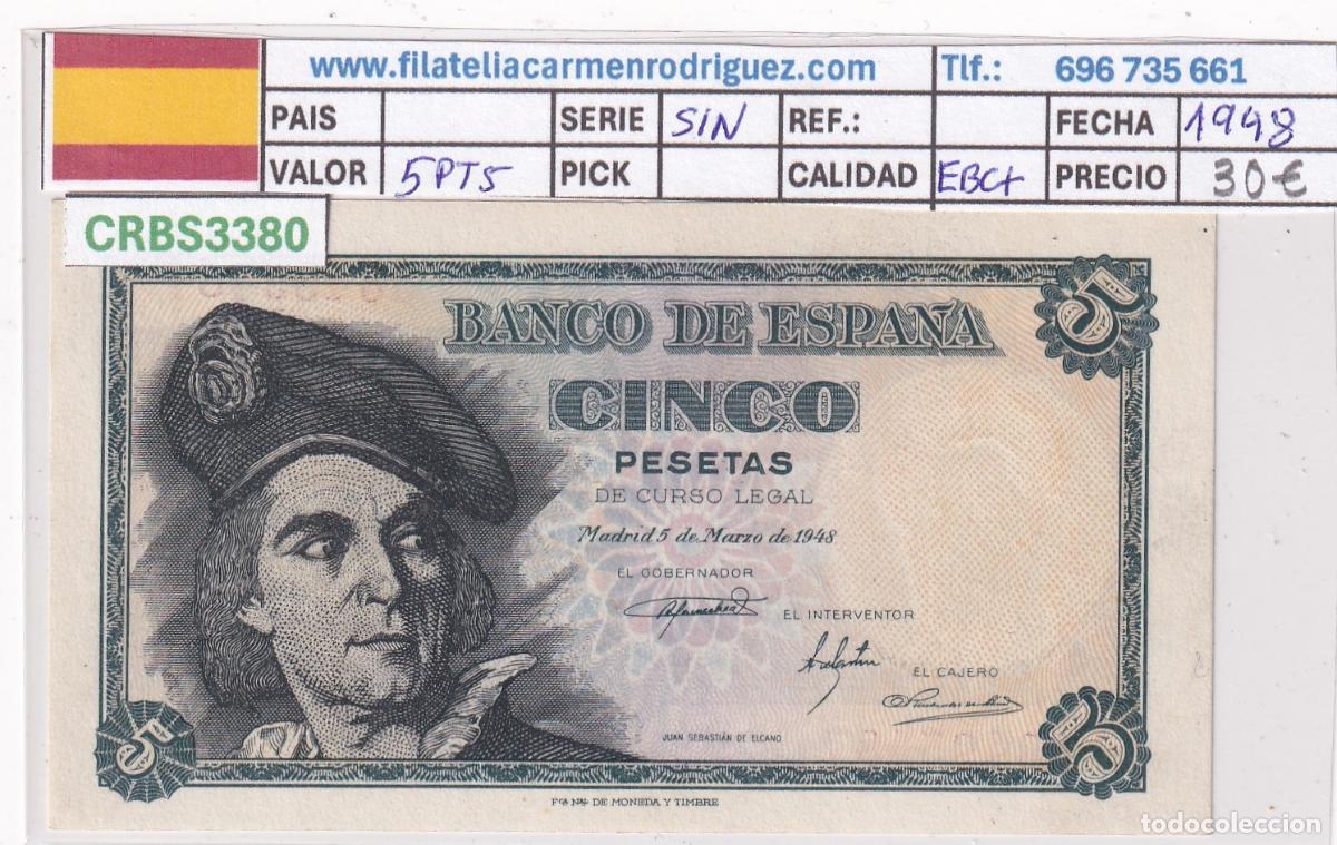 Billetes espa&ntilde;oles: CRBS3380 BILLETE ESPA&Ntilde;A 5 PESETAS 1948 SIN SERIE EBC+