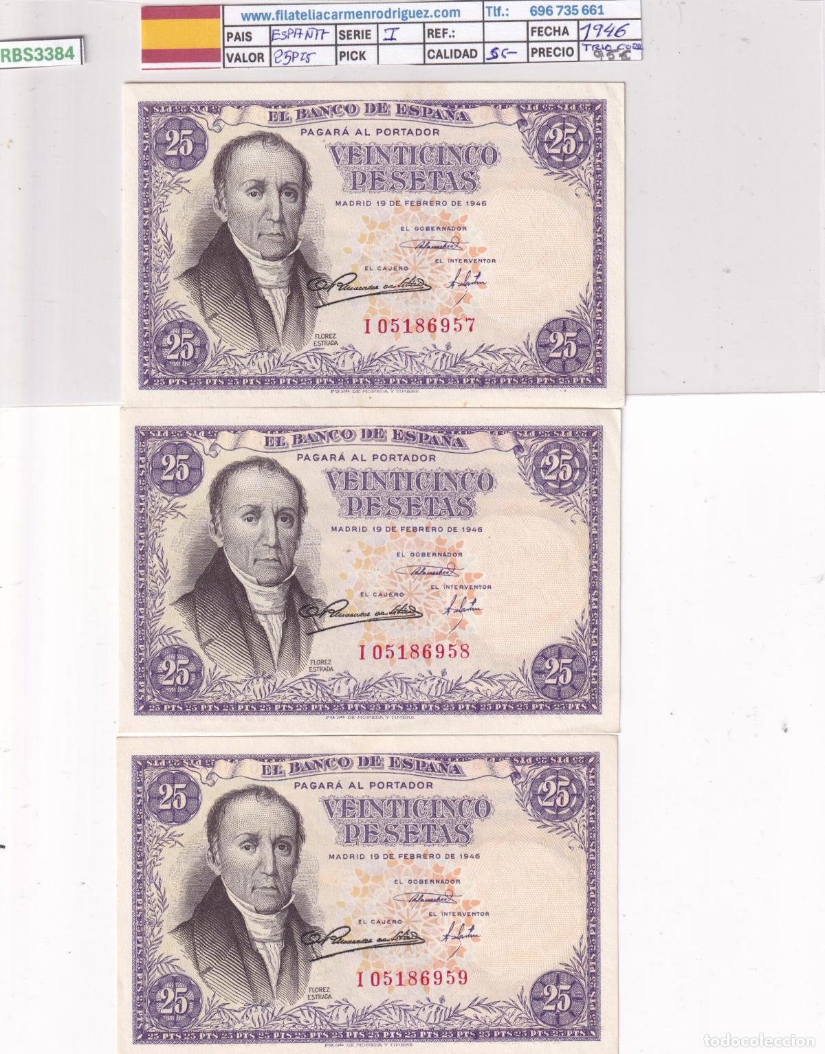 Billetes espa&ntilde;oles: CRBS3384 TRIO CORRELATIVO BILLETES ESPA&Ntilde;A 25 PESETAS 1946 SERIE I S/C-