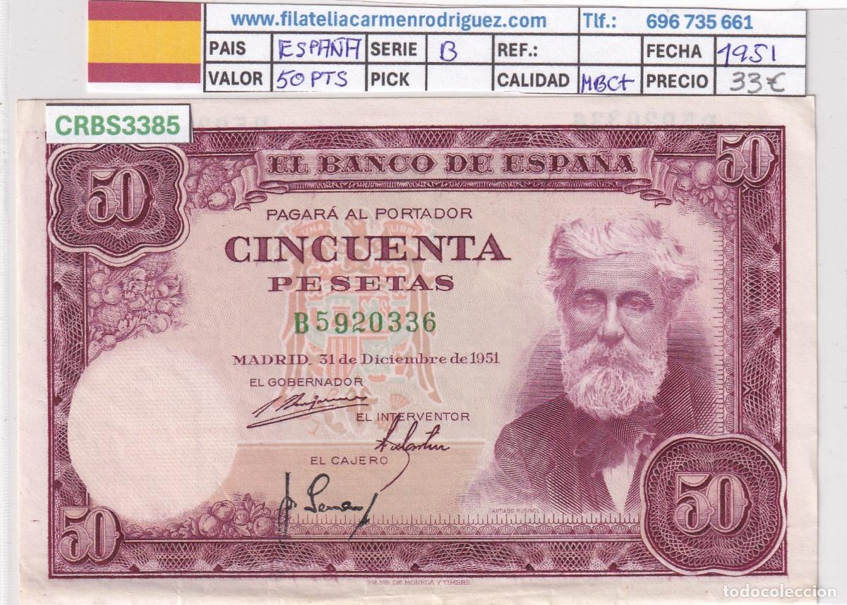 Billetes espa&ntilde;oles: CRBS3385 BILLETE ESPA&Ntilde;A 50 PESETAS 1951 SERIE B MBC+