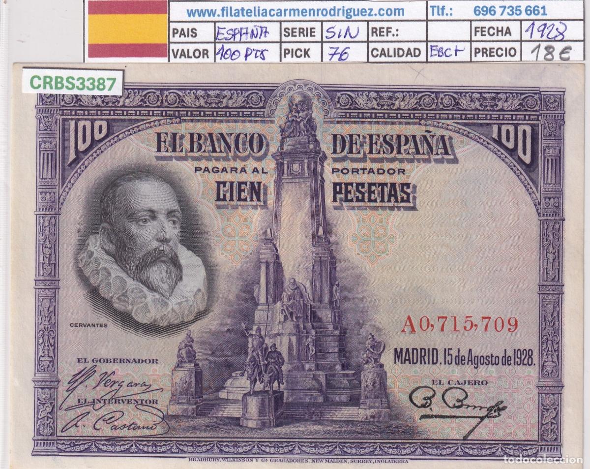 Billetes espa&ntilde;oles: CRBS3387 BILLETE ESPA&Ntilde;A 100 PESETAS 1928 SIN SERIE EBC+