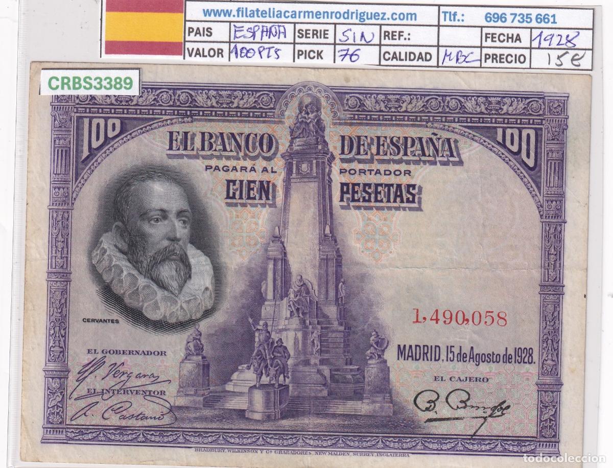 Billetes espa&ntilde;oles: CRBS3389 BILLETE ESPA&Ntilde;A 100 PESETAS 1928 SIN SERIE MBC