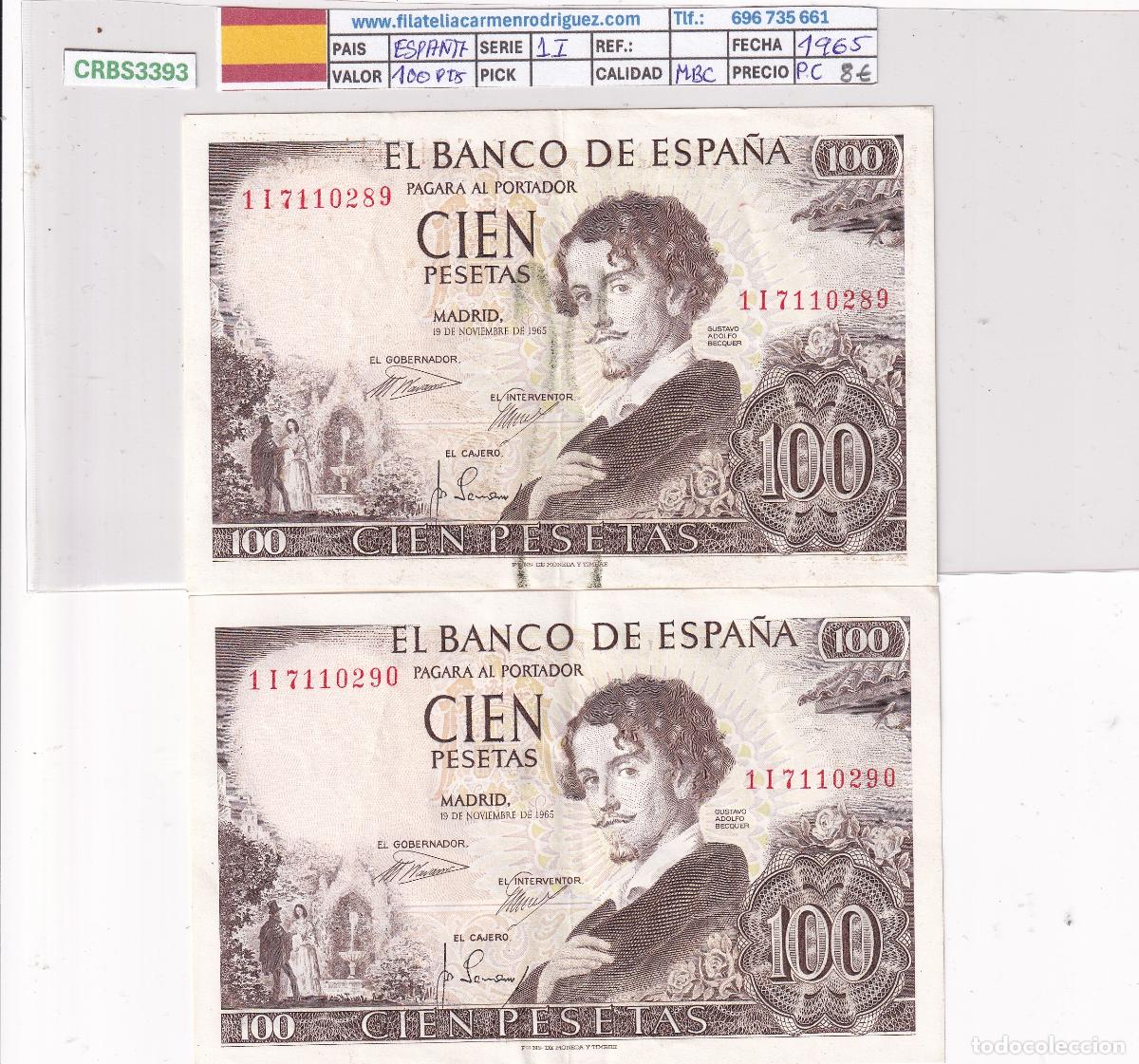 Billetes espa&ntilde;oles: CRBS3393 PAREJA CORRELATIVA BILLETES ESPA&Ntilde;A 100 PESETA 1965 SERIE 1I MBC