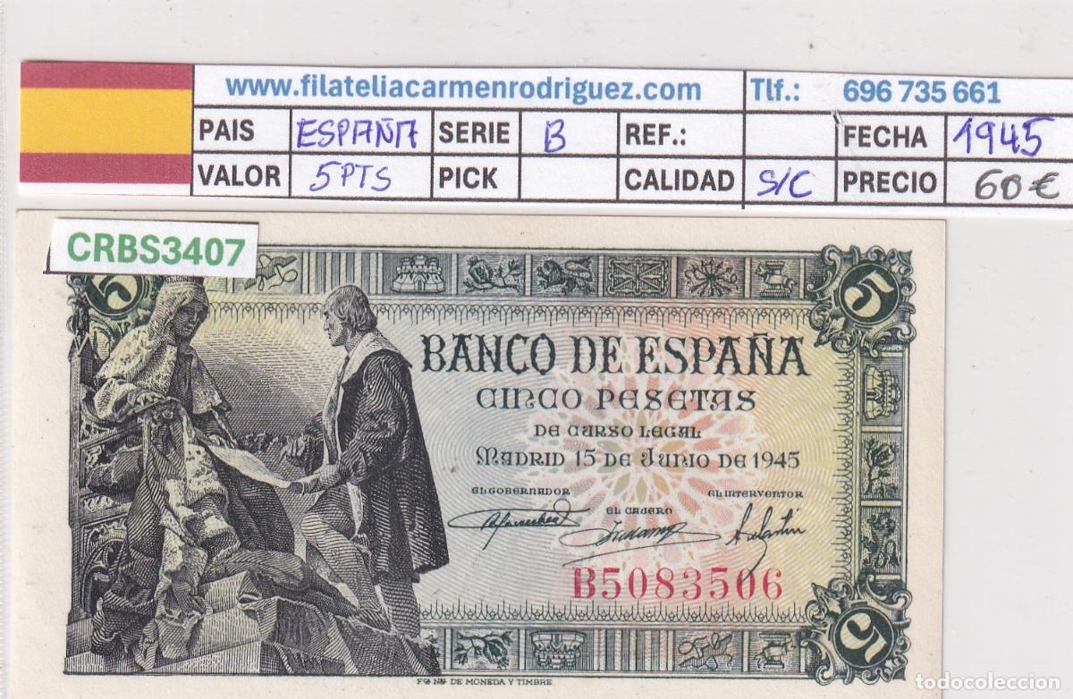 Billetes espa&ntilde;oles: CRBS3407 BILLETE ESPA&Ntilde;A 5 PESETAS 1945 SERIE B SIN CIRCULAR