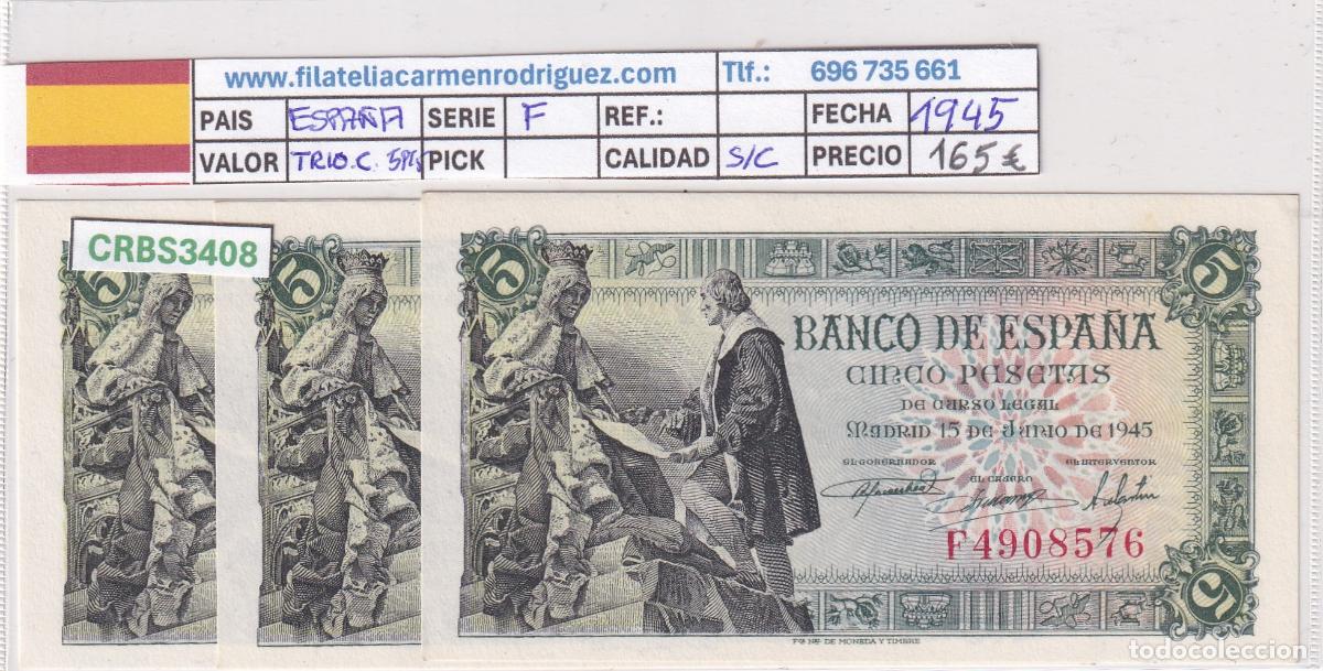 Billetes espa&ntilde;oles: CRBS3408 TRIO CORRELATIVO BILLETES 5 PESETAS 1945 SERIE F SIN CIRCULAR
