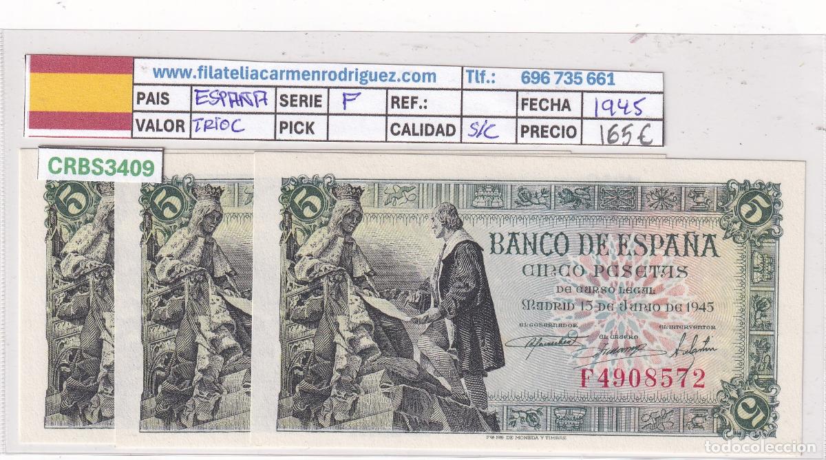 Billetes espa&ntilde;oles: CRBS3409 TRIO CORRELATIVO BILLETES 5 PESETAS 1945 SERIE F SIN CIRCULAR