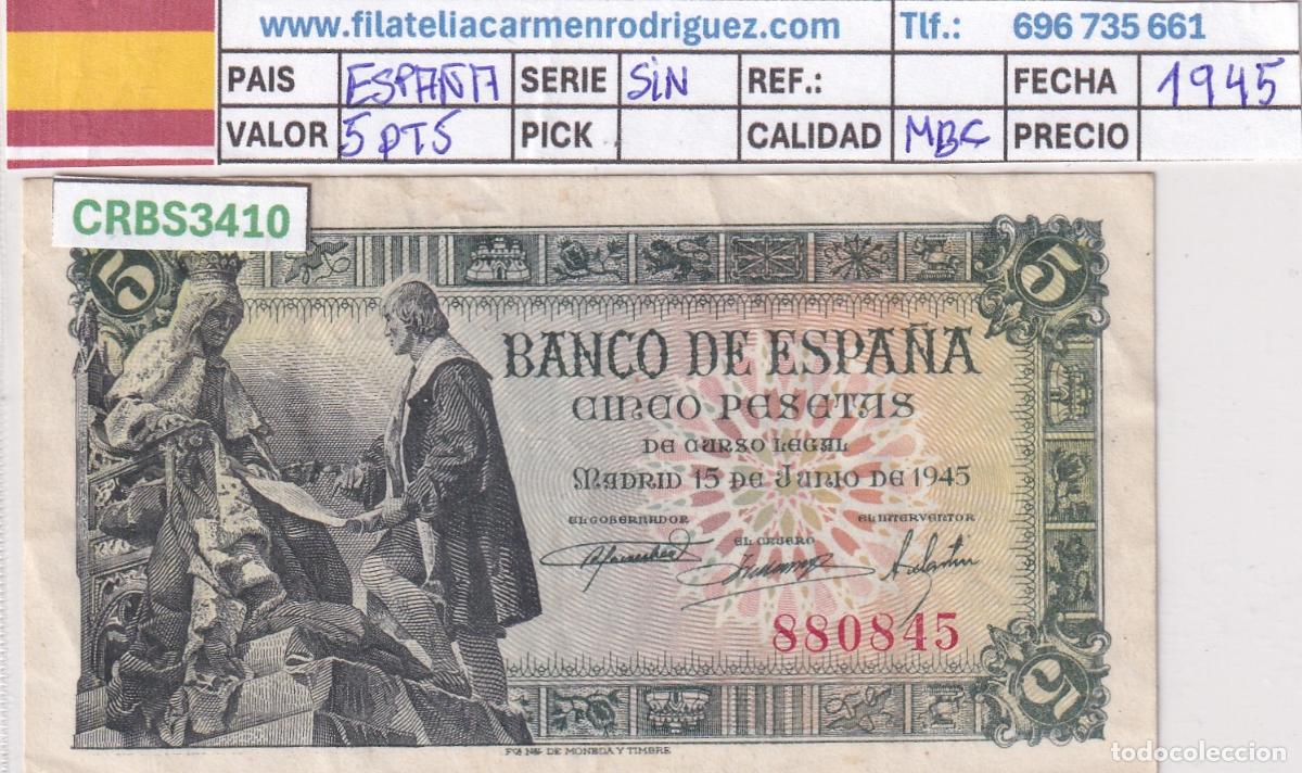 Billetes espa&ntilde;oles: CRBS3410 BILLETE ESPA&Ntilde;A 5 PESETAS 1945 SIN SERIE MBC