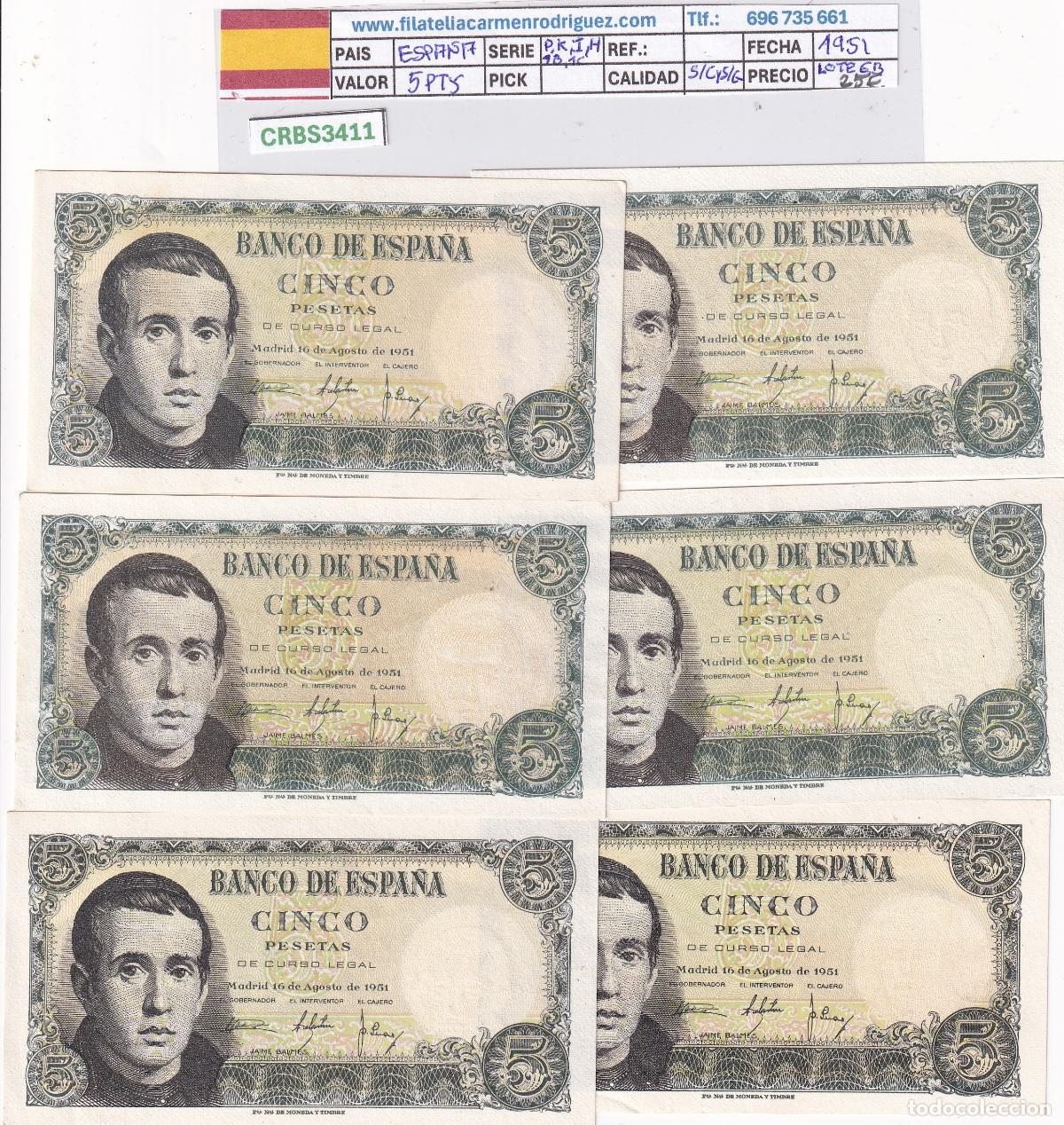 Billetes espa&ntilde;oles: CRBS3411 LOTE 6 BILLETES ESPA&Ntilde;A 5 PESETAS 1951 DIFERENTES SERIES S/C- S/C
