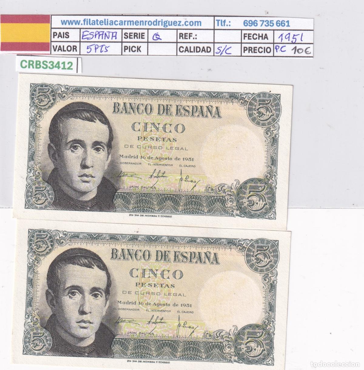 Billetes espa&ntilde;oles: CRBS3412 PAREJA CORRELATIVA BILLETES ESPA&Ntilde;A 5 PESETAS 1951 SERIE Q SIN CIRCULAR