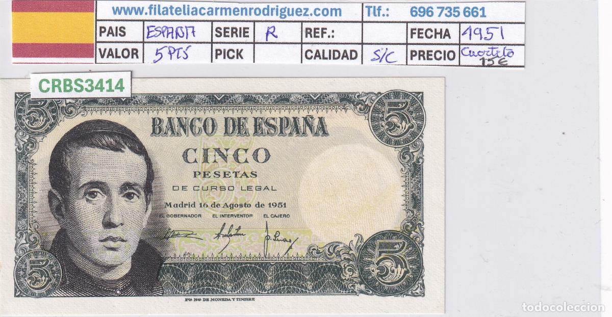 Billetes espa&ntilde;oles: CRBS3414 LOTE 4 BILLETES ESPA&Ntilde;A 5 PESETAS 1951 SERIE R SIN CIRCULAR