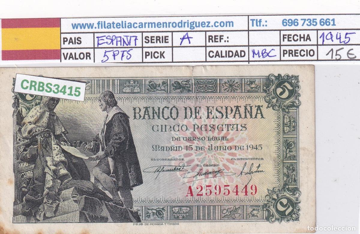 Billetes espa&ntilde;oles: CRBS3415 BILLETE ESPA&Ntilde;A 5 PESETAS 1945 SERIE A MBC