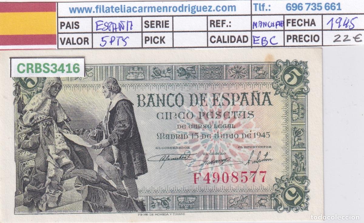 Billetes espa&ntilde;oles: CRBS3416 BILLETE ESPA&Ntilde;A 5 PESETAS 1945 SERIE F EBC