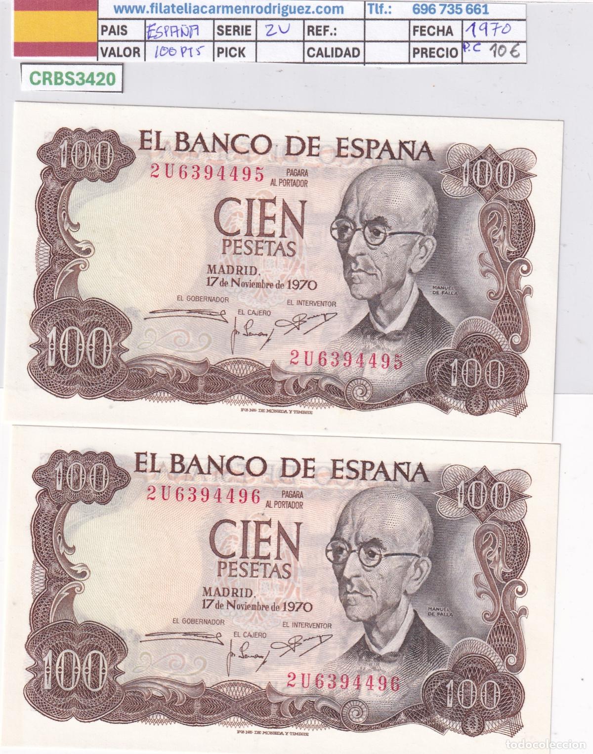 Billetes espa&ntilde;oles: CRBS3420 PAREJA CORRELATIVA BILLETES ESPA&Ntilde;A 100 PESETAS 1970 SERIE 2U SIN CIRCULAR