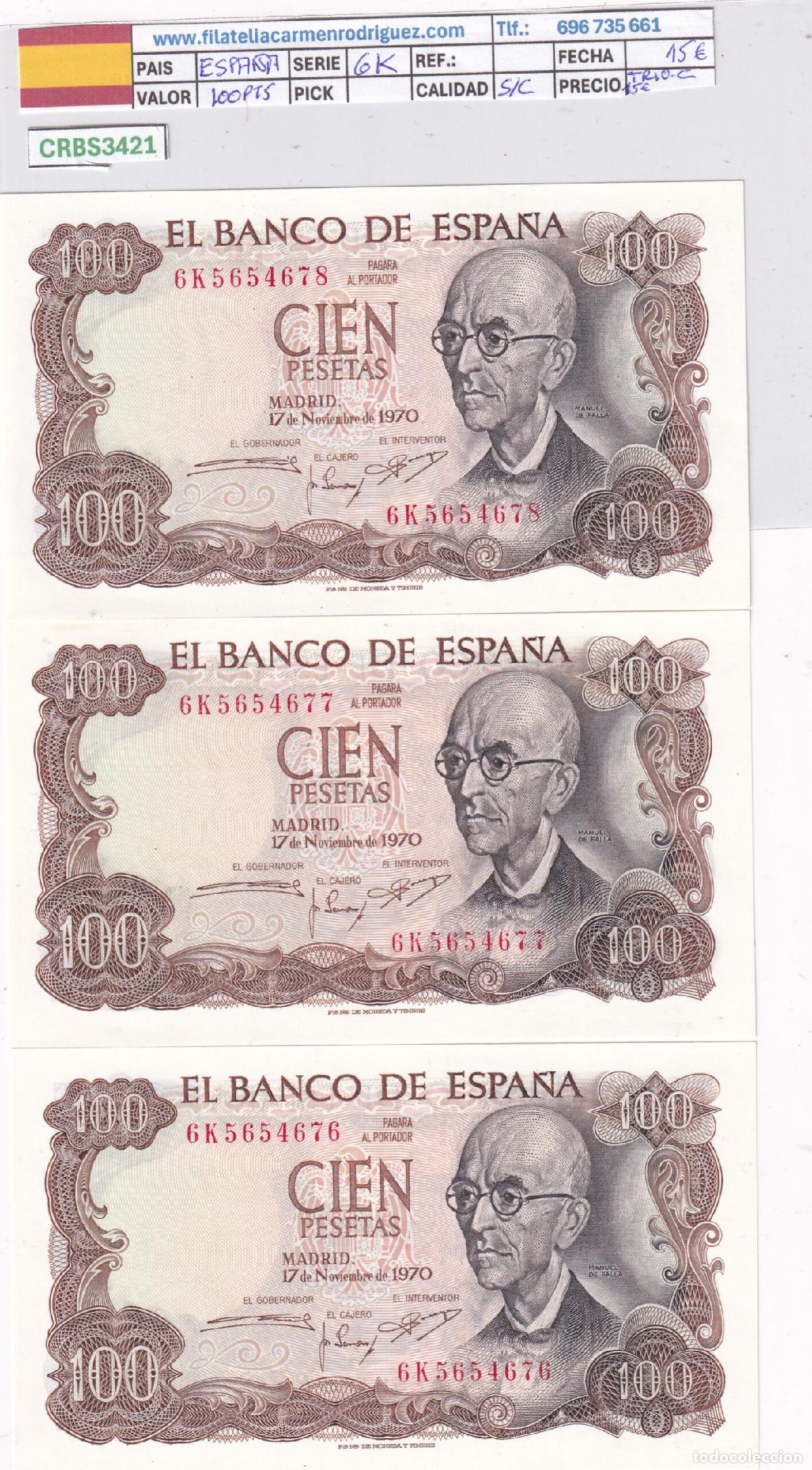 Billetes espa&ntilde;oles: CRBS3421 TRIO CORRELATIVO BILLETES 100 PESETAS 1970 SERIE 6K SIN CIRCULAR