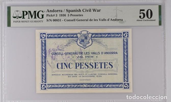 Billetes espa&ntilde;oles: ANDORRA * BILLETE 5 PESSETES 1936 * PMG-50 (IC-1970)