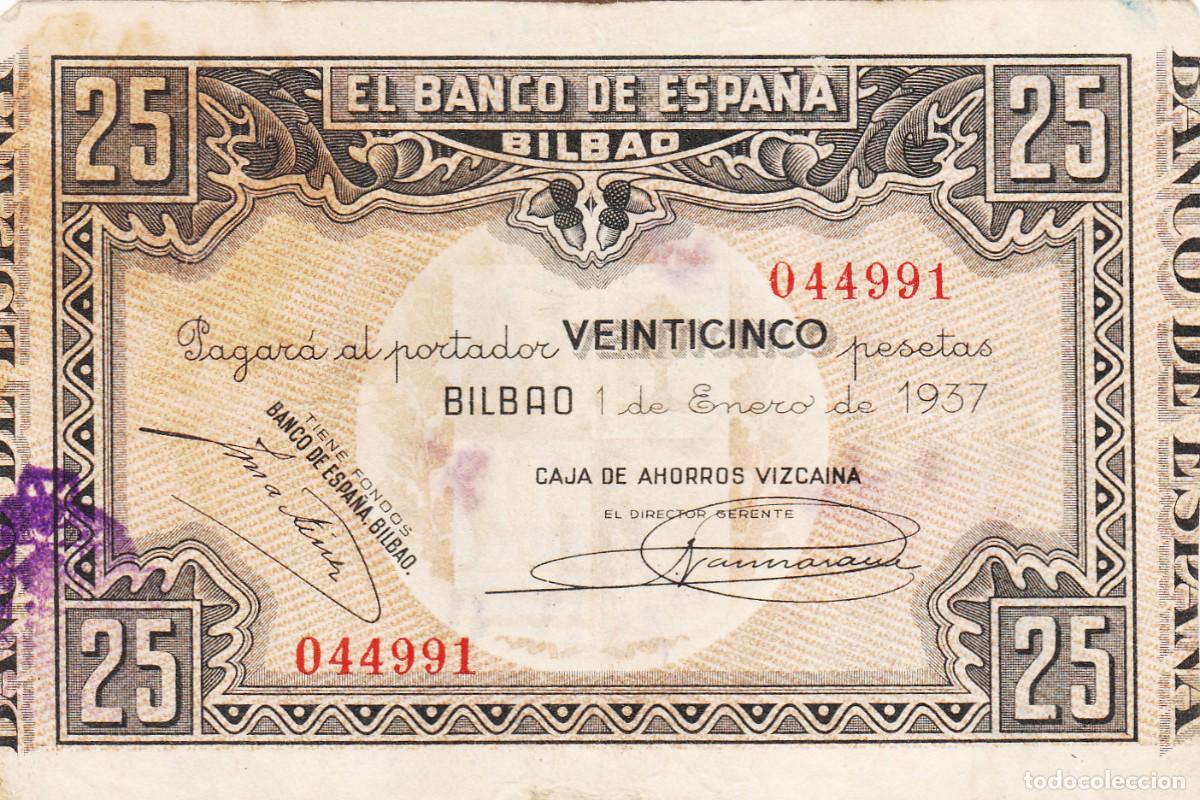 Spanische Banknoten: BILLETE: 25 PESETAS 1937 - BANCO DE ESPA&Ntilde;A BILBAO / CAJA AHORROS VIZCAINA - SELLO AZUL