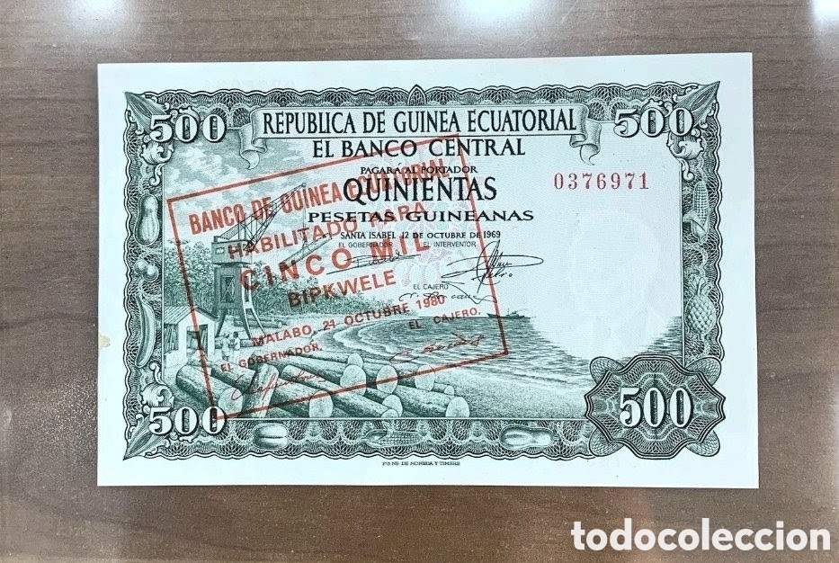 Billetes espa&ntilde;oles: 500 pesetas Guinea Espa&ntilde;a Colonial 1969. Resello