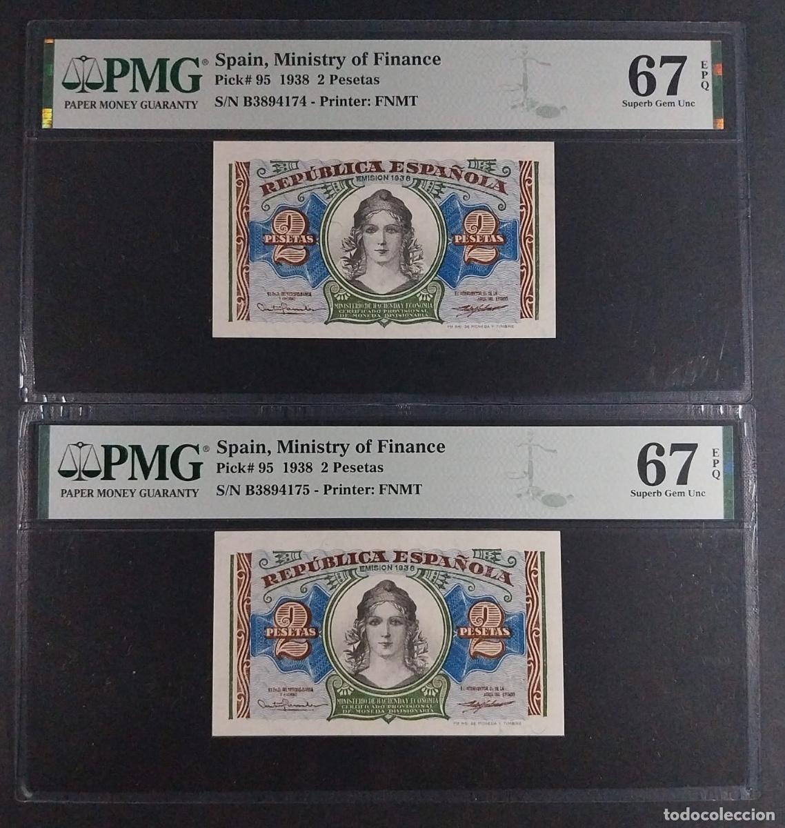 Billetes espa&ntilde;oles: PMG 2 PESETAS 1938 SERIE B PMG 67/67 EPQ PAREJA CORRELATIVA CERTIFICADO SIN CIRCULAR