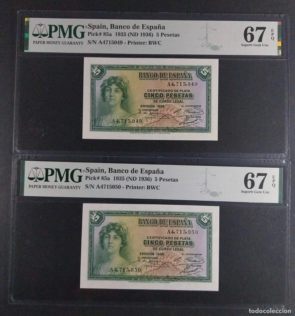 Billetes espa&ntilde;oles: 5 PESETAS 1935 SERIE A PMG 67/67 EPQ PAREJA CERTIFICADA SIN CIRCULAR