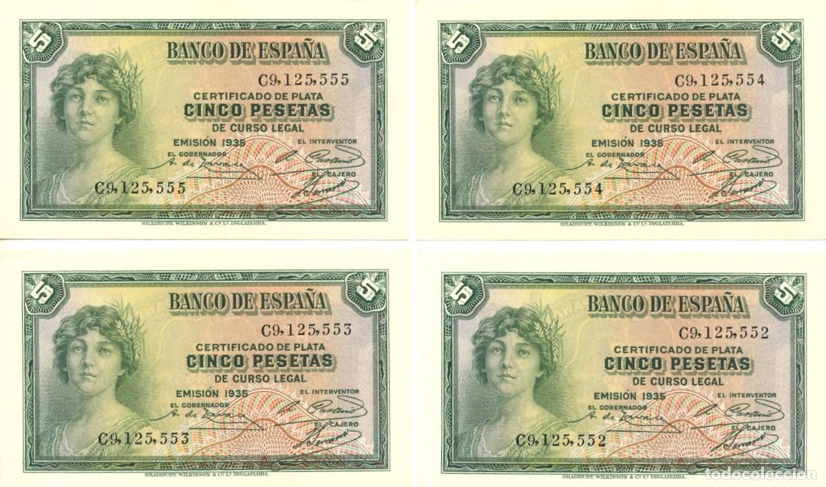 Billetes espa&ntilde;oles: ESPA&Ntilde;A 4 BILLETES SERIE CORRELATIVA DE 5 PESETAS A&Ntilde;O 1935. ORIGINALES NUEVOS - PLANCHA