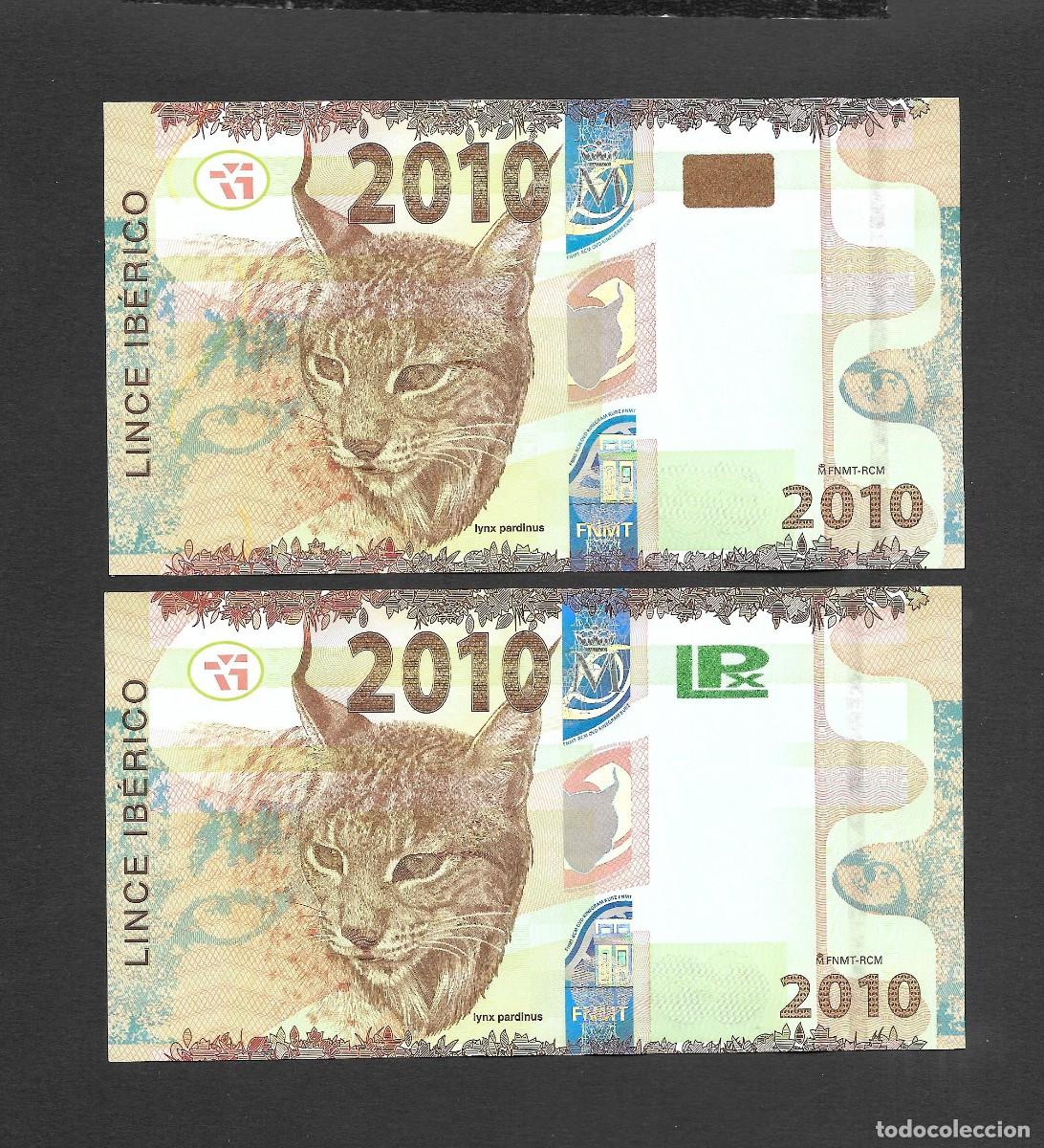 Billetes espa&ntilde;oles: 2 BILLETES PRUEBA FNMT LINCE IBERICO 2010 S/C-/S/C
