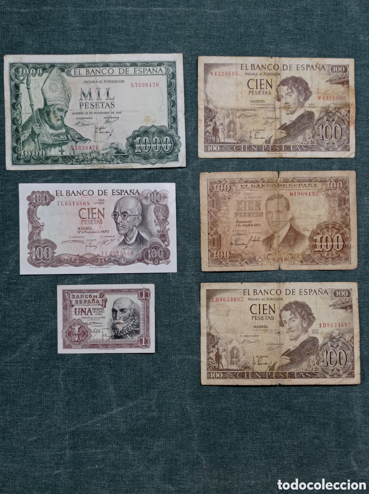 Billetes espa&ntilde;oles: BILLETE DE 1000 PESETAS SAN ISIDORO 1965 + 4 DE 100 PESETAS + 1 DE 1 PESETA