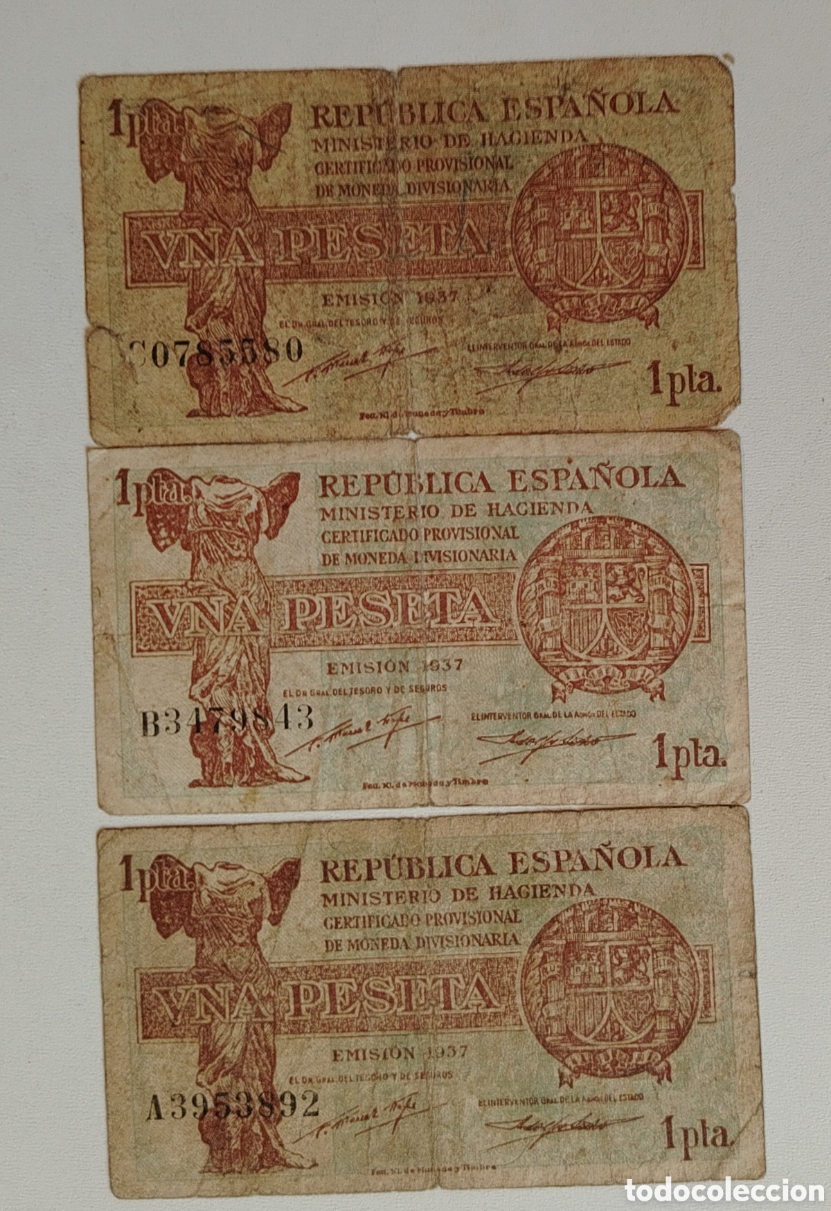 Billetes espa&ntilde;oles: Lote 3 billetes 1 peseta 1937 Rep&uacute;blica