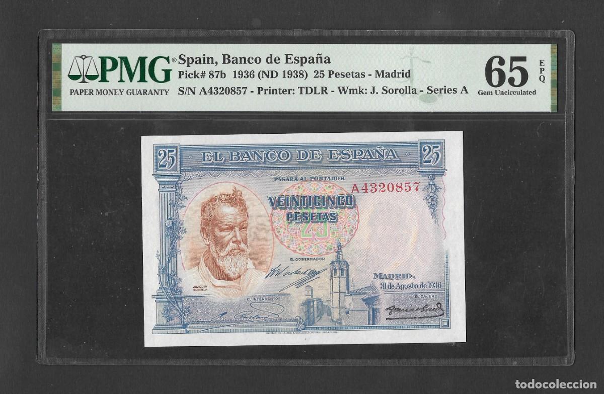 Billetes espa&ntilde;oles: 25 PESETAS 1936 SERIE A CERTIFICADO POR PMG65 EPQ