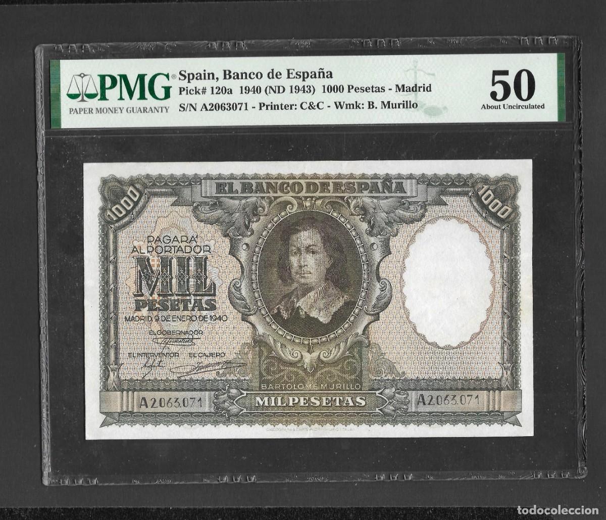 Billetes espa&ntilde;oles: 1000 PESETAS 1940 SERIE A CERTIFICADO PMG50