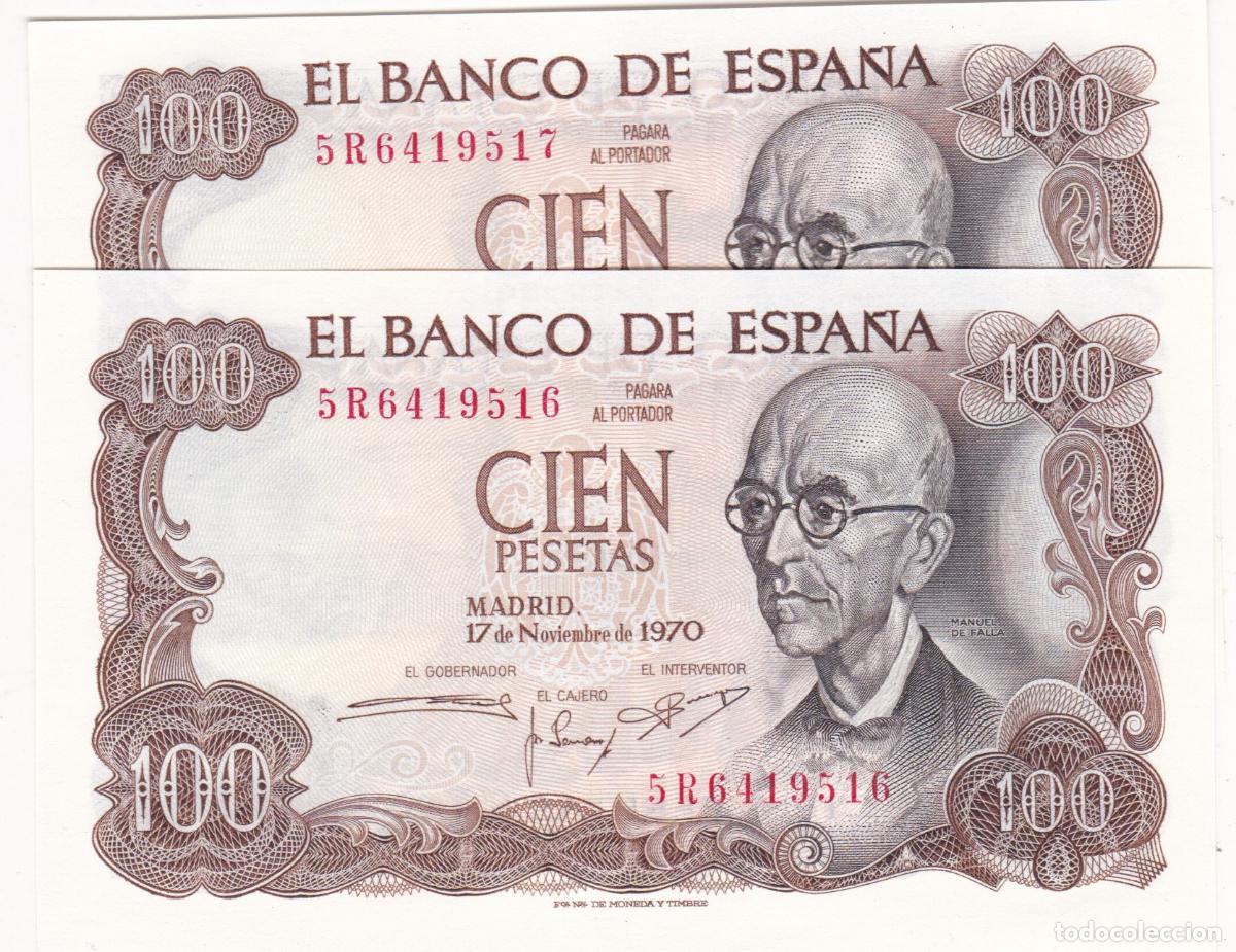 Billetes espa&ntilde;oles: AA29- Lote 2 Billetes 100 Ptas FALLA . Numeraci&oacute;n Consecutiva. SIN CIRCULAR