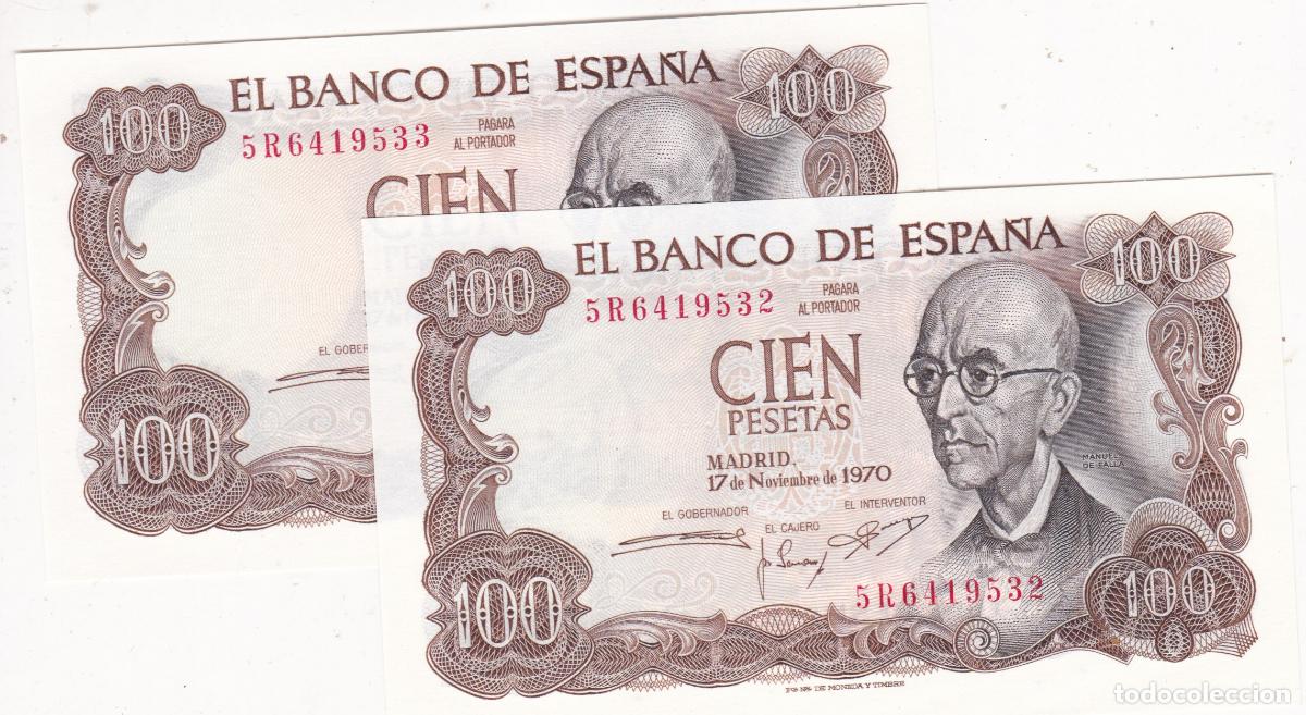 Billetes espa&ntilde;oles: AA30- Lote 2 Billetes 100 Ptas FALLA . Numeraci&oacute;n Consecutiva. SIN CIRCULAR