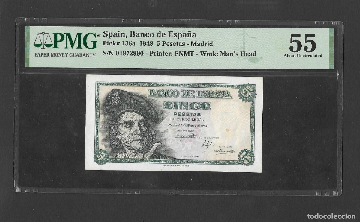 Billetes espa&ntilde;oles: 5 PESETAS 1948 SIN SERIE CERTIFICADO PMG55